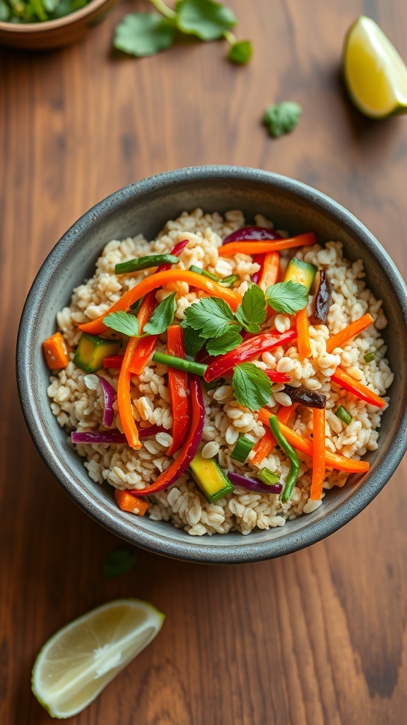 Oat Thai Actor Recipe A bowl of Oat Thai Actor with colorful vegetables and herbs, served on a wooden table.